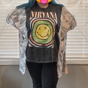 NIRVANA Black Graphic Tee with Green & Yellow Smile Logo